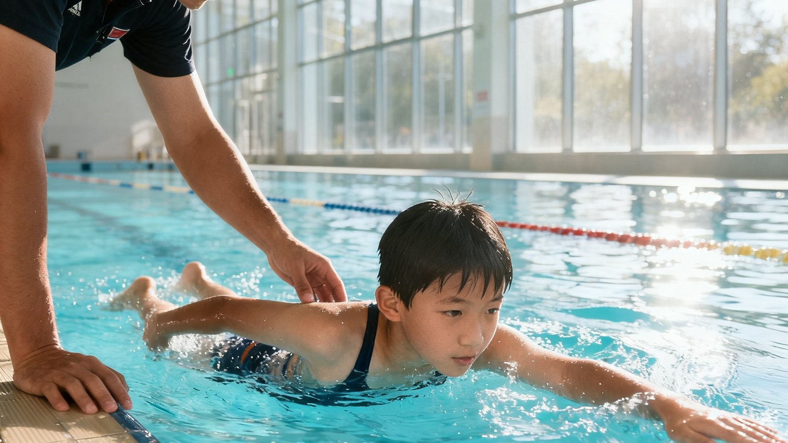 一名青少年学员在27度恒温泳池中练习自由泳，教练在池边俯身指导手臂入水角度，池水清澈见底，阳光透过玻璃幕墙照亮水面