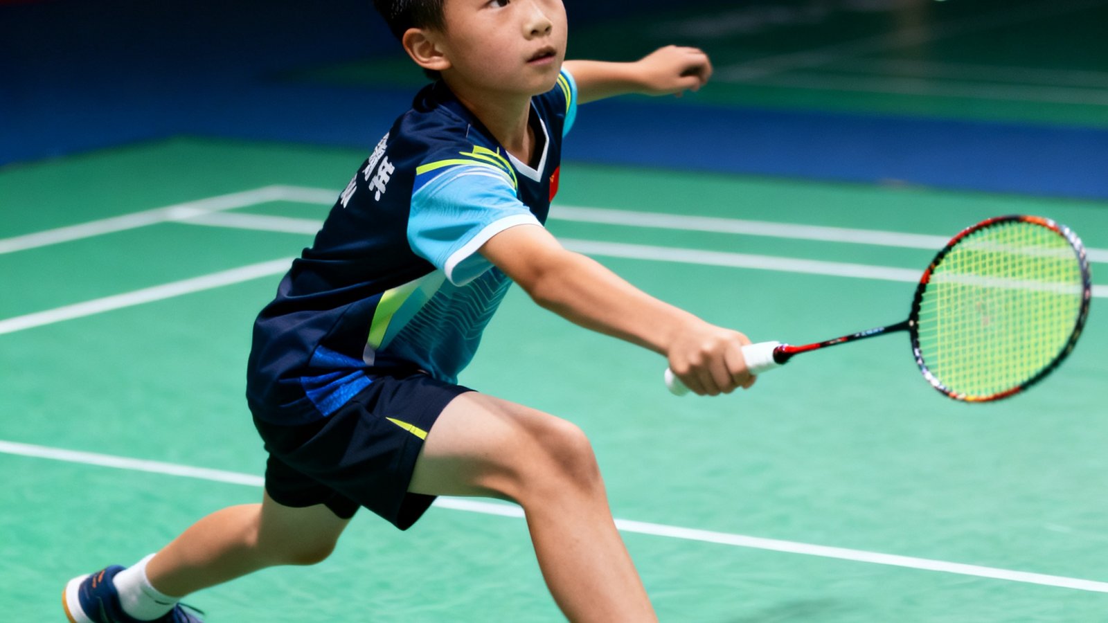 一名12岁的羽毛球学员在省级青少年羽毛球比赛中奋力挥拍击球的瞬间定格，绿色地胶与白色羽球形成鲜明对比